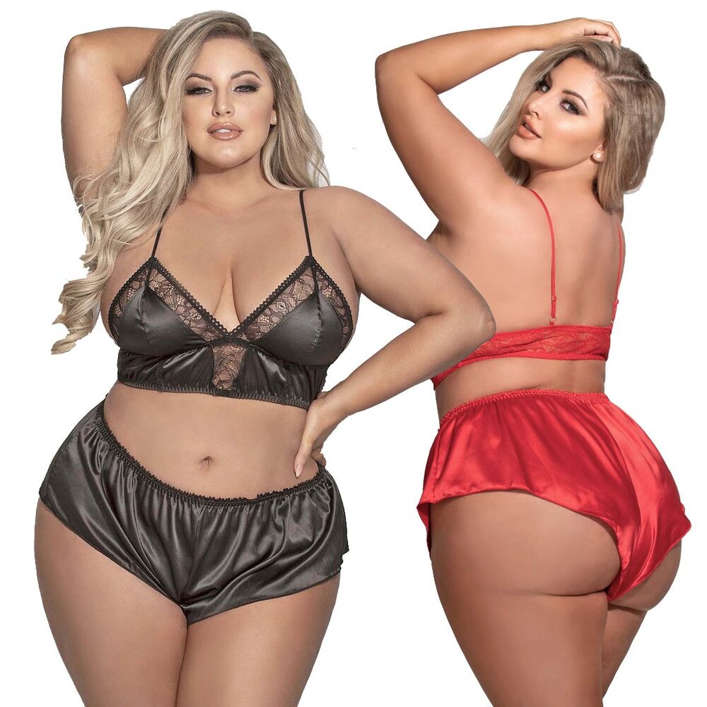Satin Pajama Set Womens Plus Size 1x 2x Black or Red Bralette Bra